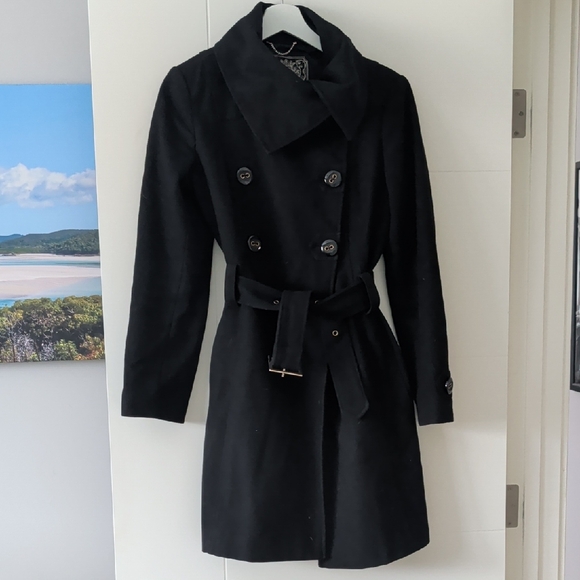 Guess Jackets & Blazers - Guess Black Double-Breasted Wool Trench Coat